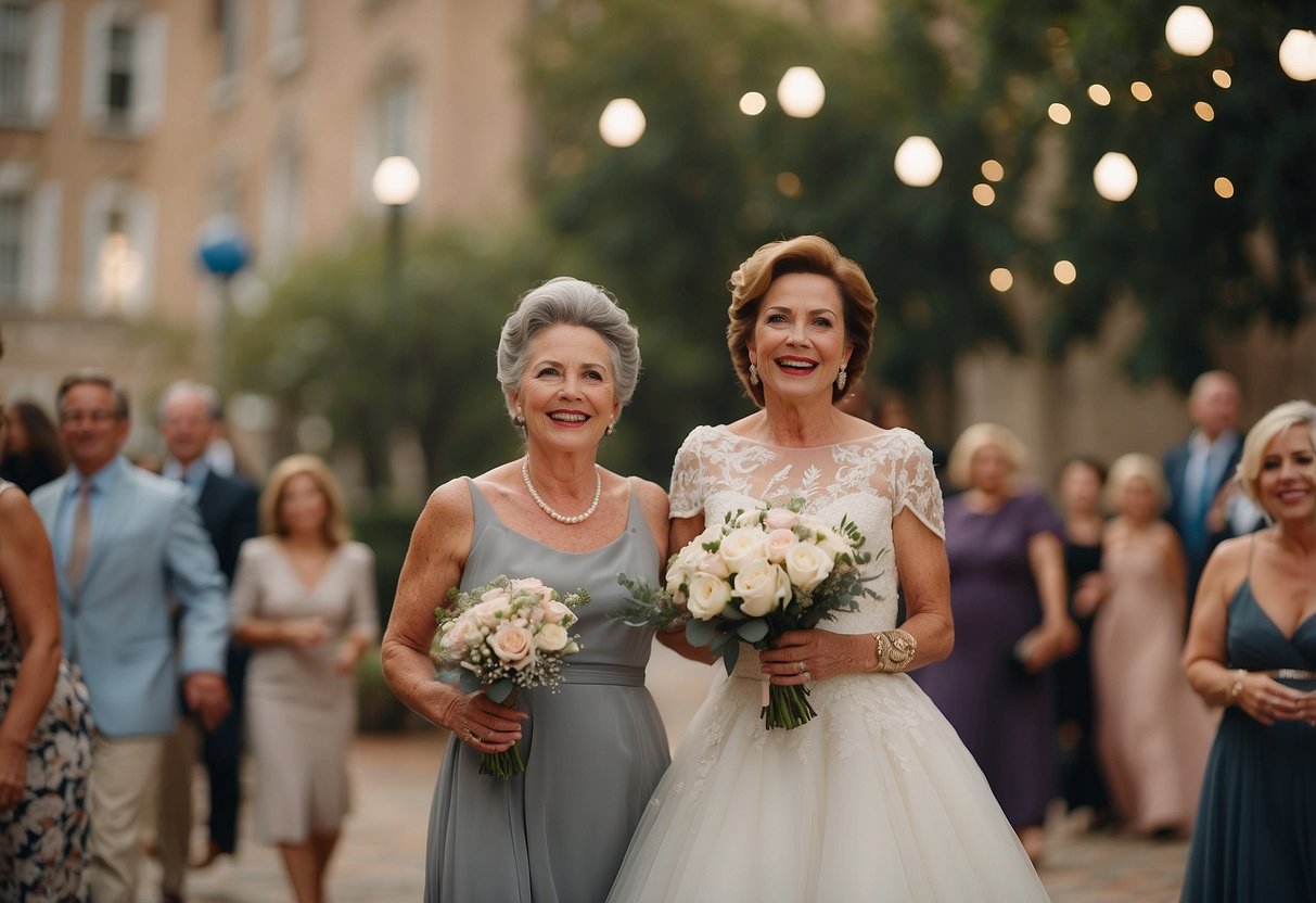 Mary, Mother of the Bride welcomes guests at the wedding with a warm smile and open arms