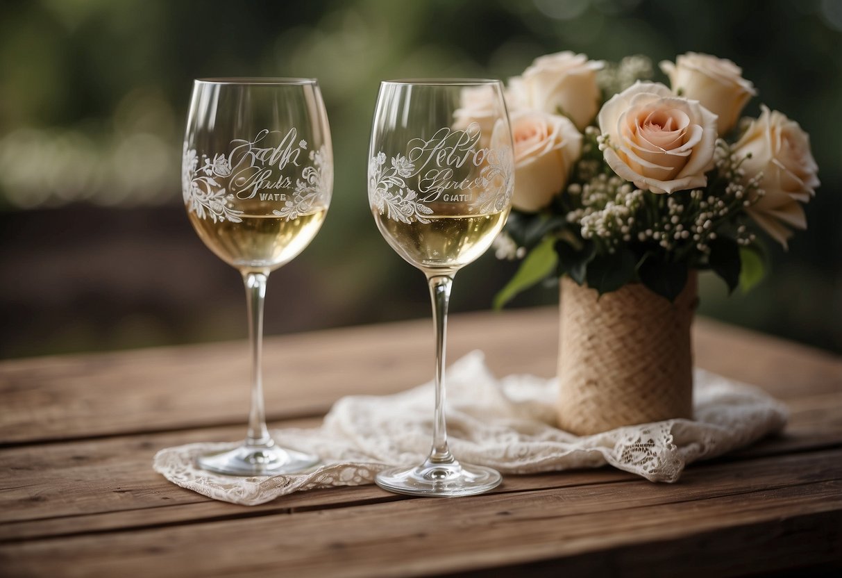 Two personalized wine glasses sit on a rustic wooden table, adorned with elegant calligraphy and delicate floral designs. A bottle of wine and a bouquet of flowers complete the romantic wedding gift scene