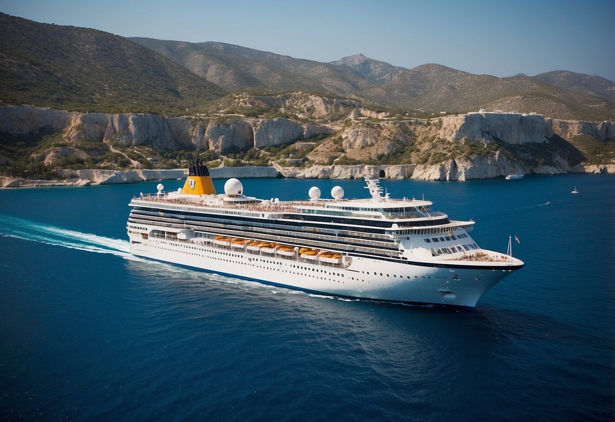 A luxury cruise ship glides through the crystal-clear waters of the Greek Islands, passing by picturesque white-washed villages and ancient ruins perched on the cliffs