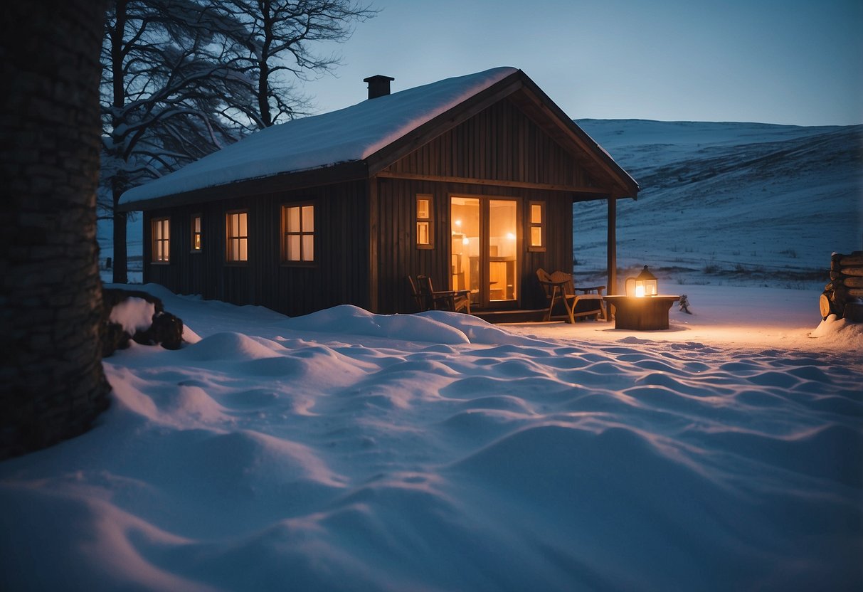 A cozy Icelandic cabin nestled in a snowy landscape, with a warm glow emanating from the windows. A couple of reindeer roam nearby, adding to the serene and romantic atmosphere