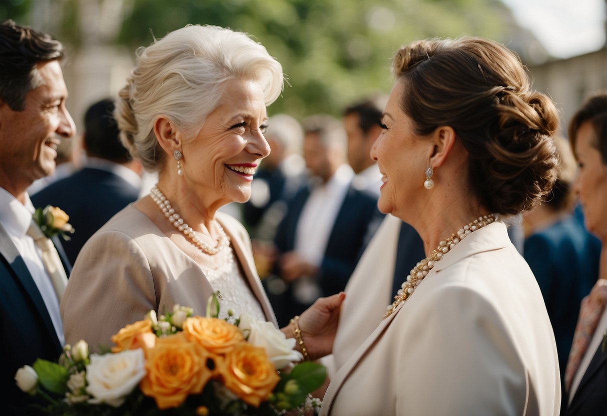 The mother of the bride congratulates the couple at the wedding