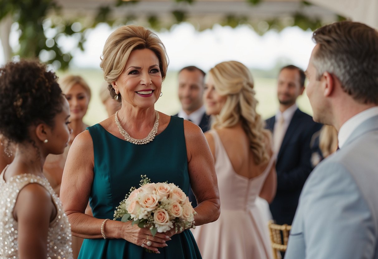 A mother of the bride speaks at the wedding, expressing love for her daughter