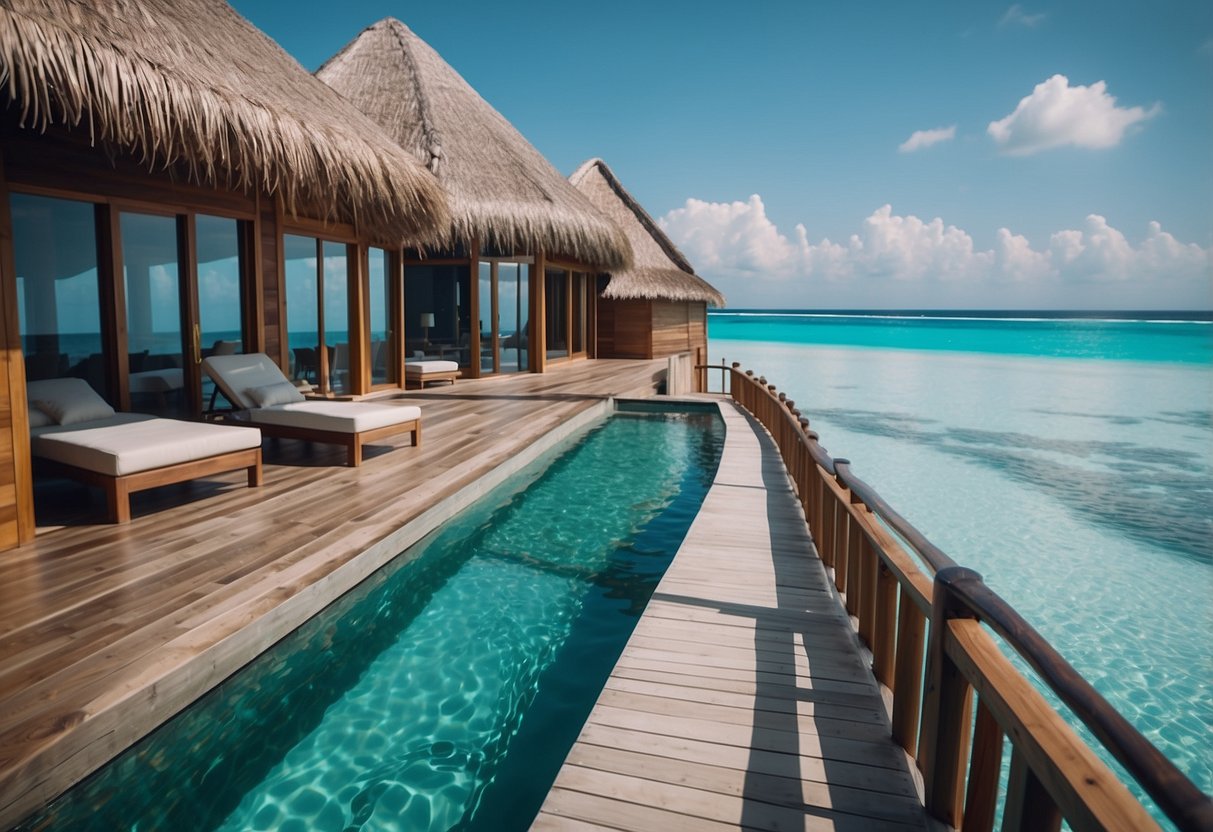 A luxurious overwater villa with a private pool, surrounded by crystal-clear turquoise waters and white sandy beaches in the Maldives