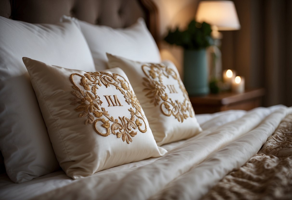 Two embroidered pillowcases with intricate floral designs and the couple's initials, displayed on a bed with soft lighting