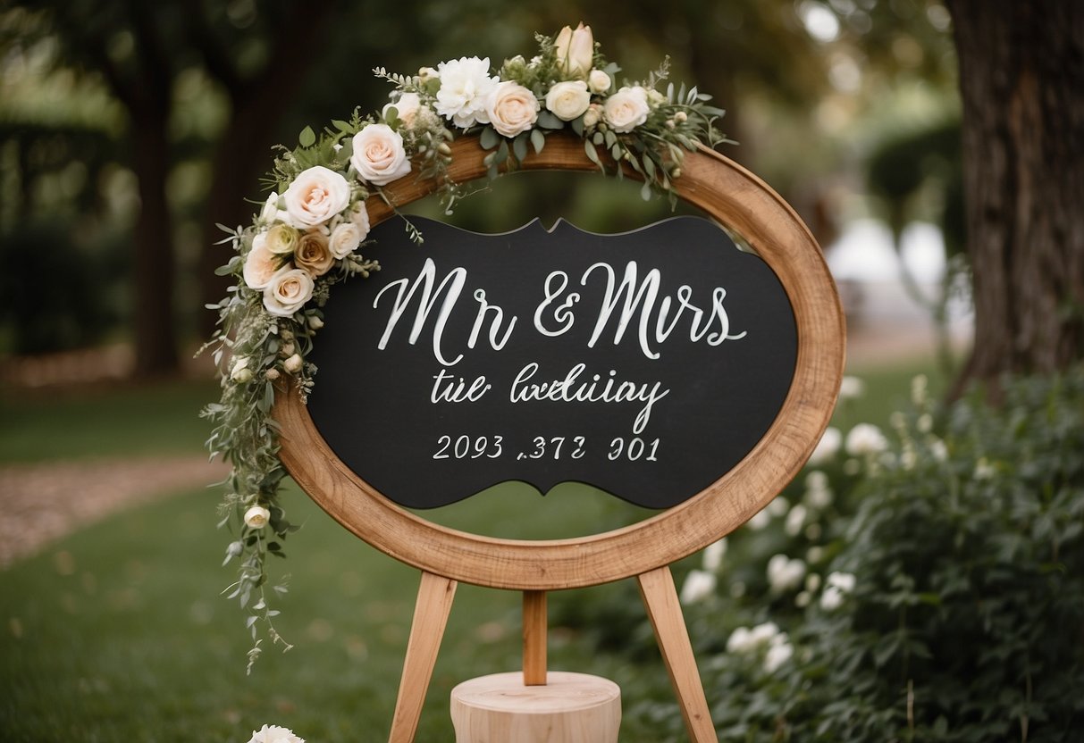 A wooden sign with "Mr. & Mrs." and the wedding date painted in elegant calligraphy, surrounded by delicate floral designs