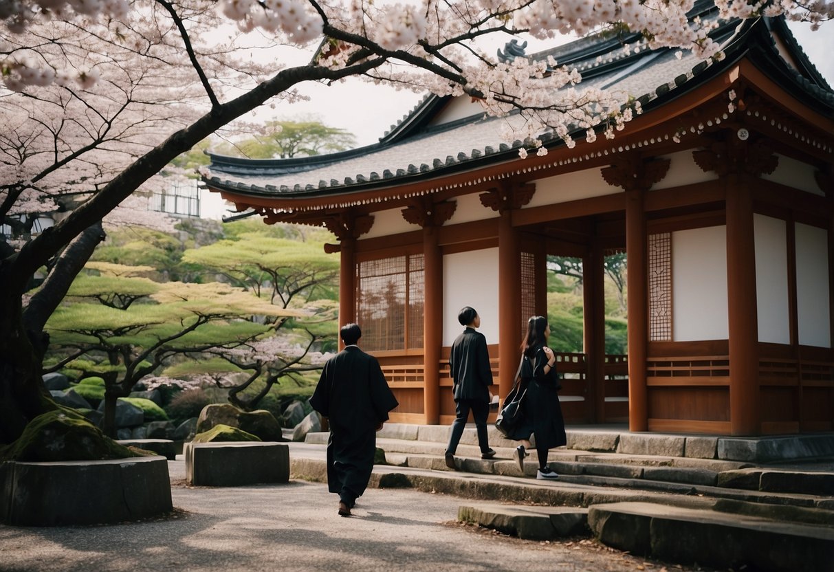 Discover the ancient temples of Kyoto, with intricate architecture and serene gardens. A couple strolls through the peaceful grounds, surrounded by cherry blossoms and traditional lanterns