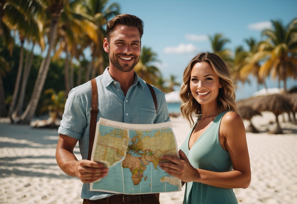 A couple stands on a beach, surrounded by palm trees and crystal-clear waters. They hold a map, smiling as they plan their destination wedding anniversary trip