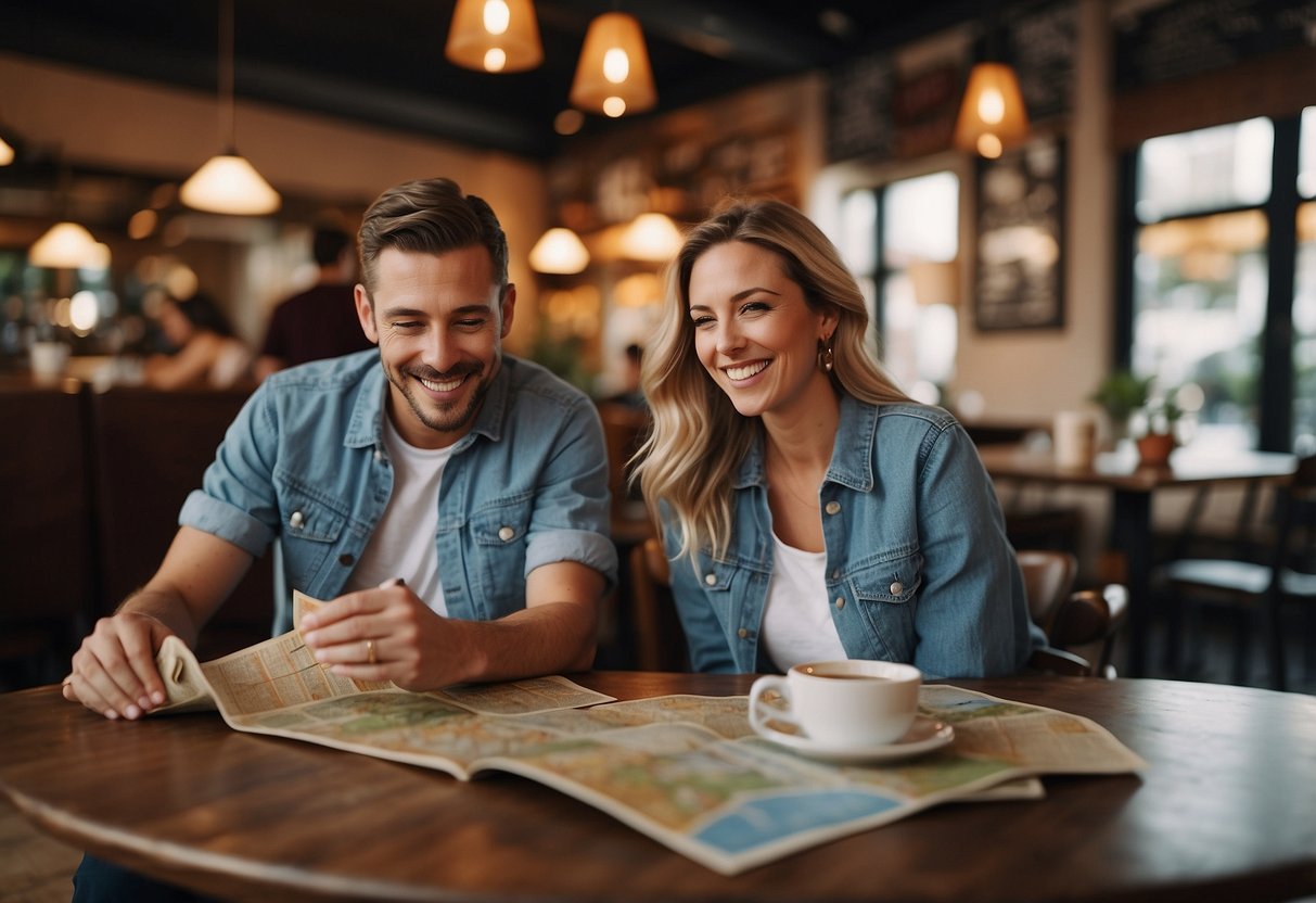 A couple sits at a cozy cafe, surrounded by maps and travel brochures. They excitedly plan their anniversary trip, jotting down ideas and destinations