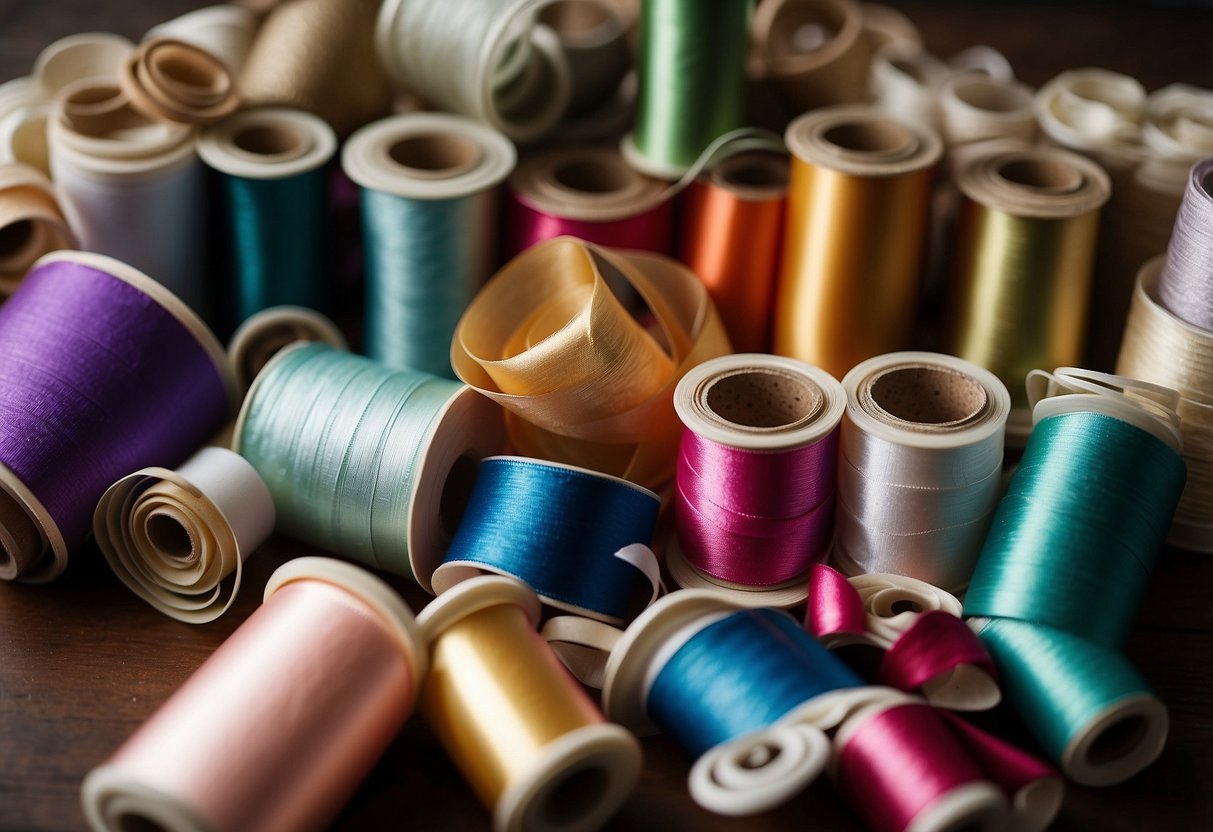 Various crafting supplies scattered on a table: ribbons, glue, scissors, paper, and decorative embellishments for DIY wedding gifts