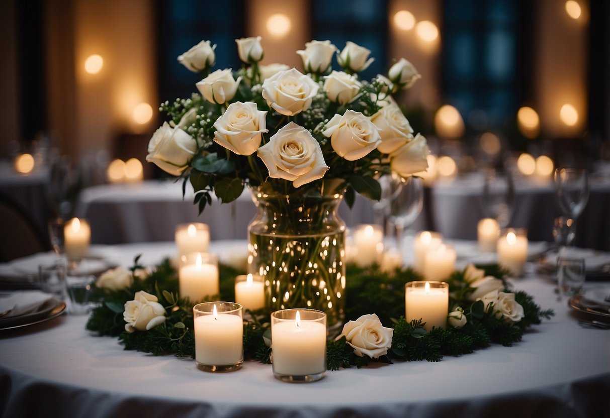 A glass hurricane vase filled with white roses and greenery, surrounded by flickering candles and scattered rose petals on a round reception table