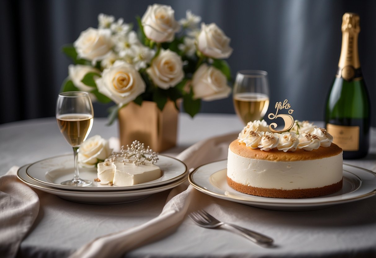 A table set with a white tablecloth, adorned with a bouquet of flowers, a bottle of champagne, and two champagne flutes. A small cake with "55th Anniversary" written in frosting