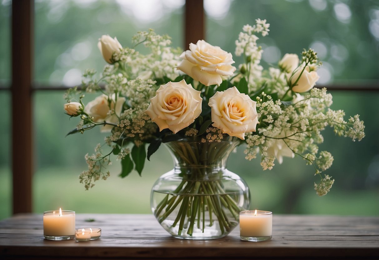 A hurricane vase filled with water, floating candles, and delicate flowers