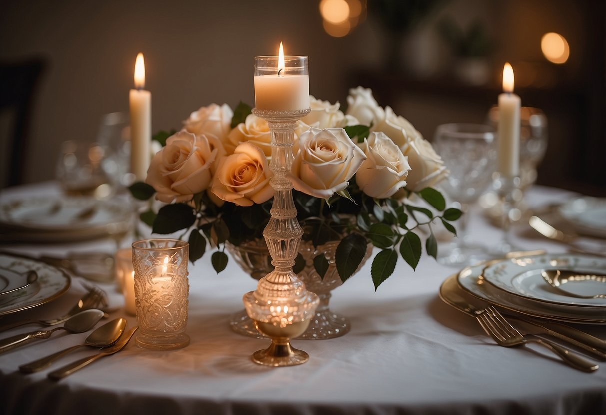 A table set with candles, roses, and fine china. Soft lighting illuminates the room, creating a warm and romantic atmosphere for a 55th wedding anniversary celebration