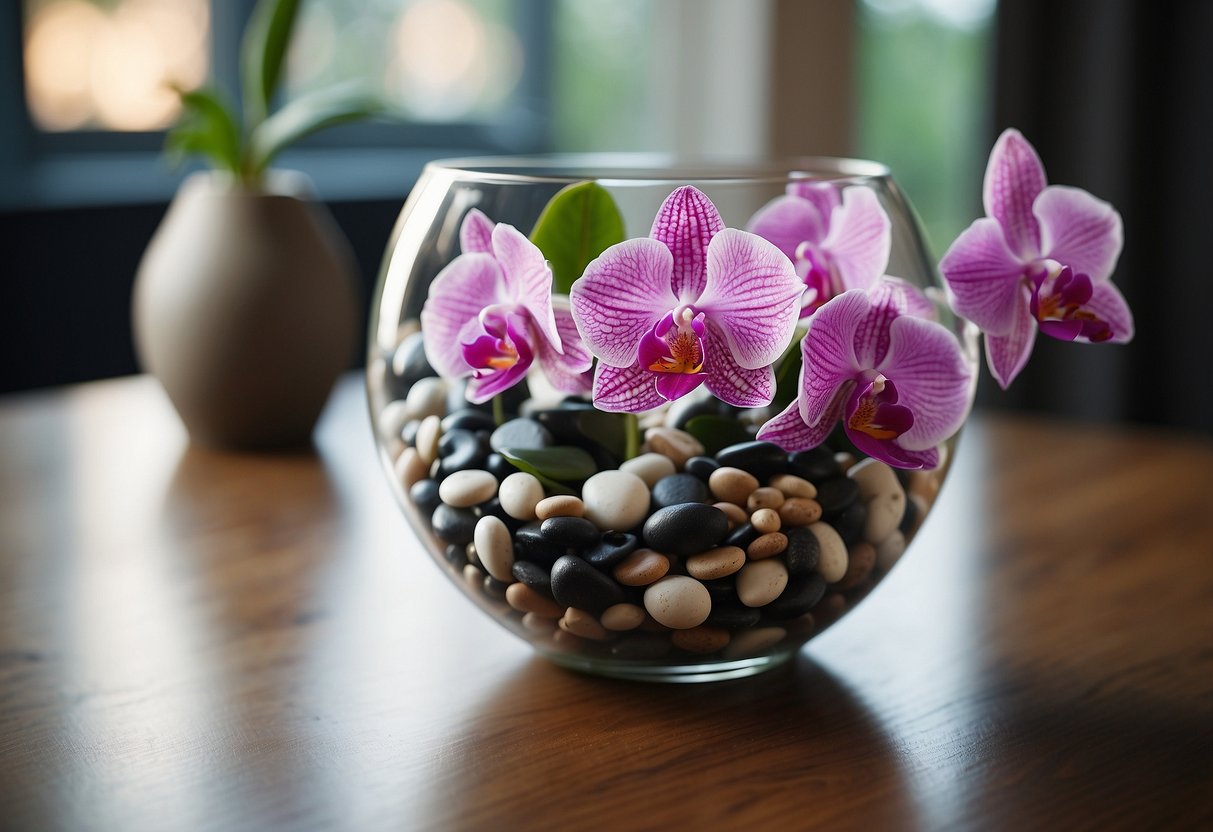 An elegant hurricane vase holds a submerged orchid and pebble arrangement, creating a stunning wedding centerpiece idea