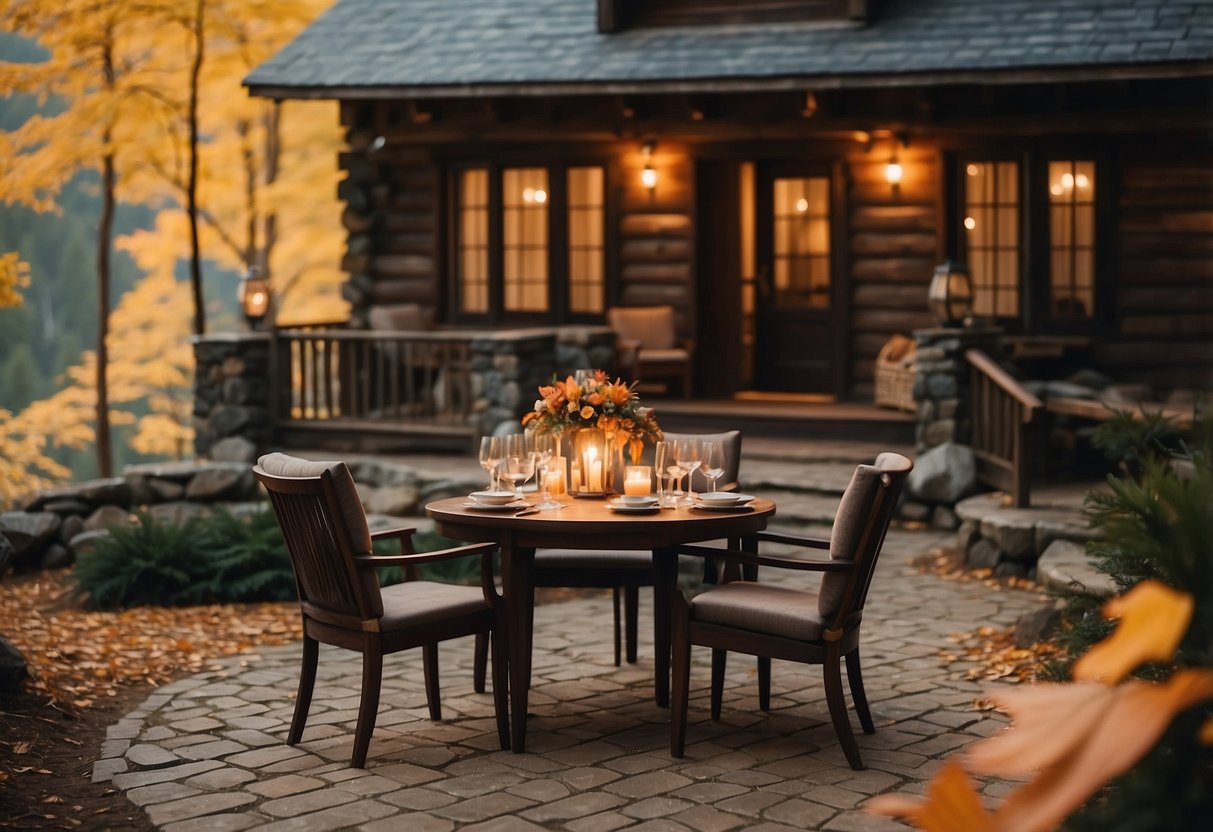 A cozy cabin nestled in the mountains with a crackling fireplace and a table set for two, surrounded by beautiful autumn foliage