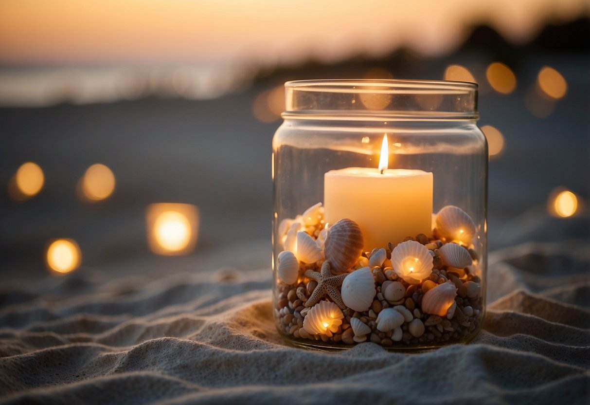 A clear hurricane vase filled with sand and shells, surrounded by soft candlelight, makes for a romantic beach-themed wedding centerpiece