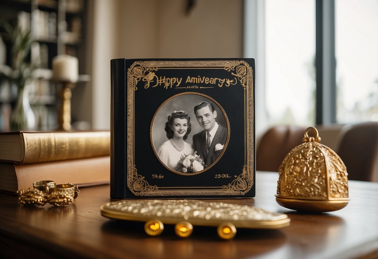 A golden photo album sits open on a table, filled with pictures from a couple's 55 years of marriage. A banner reading "Happy 55th Anniversary" hangs above