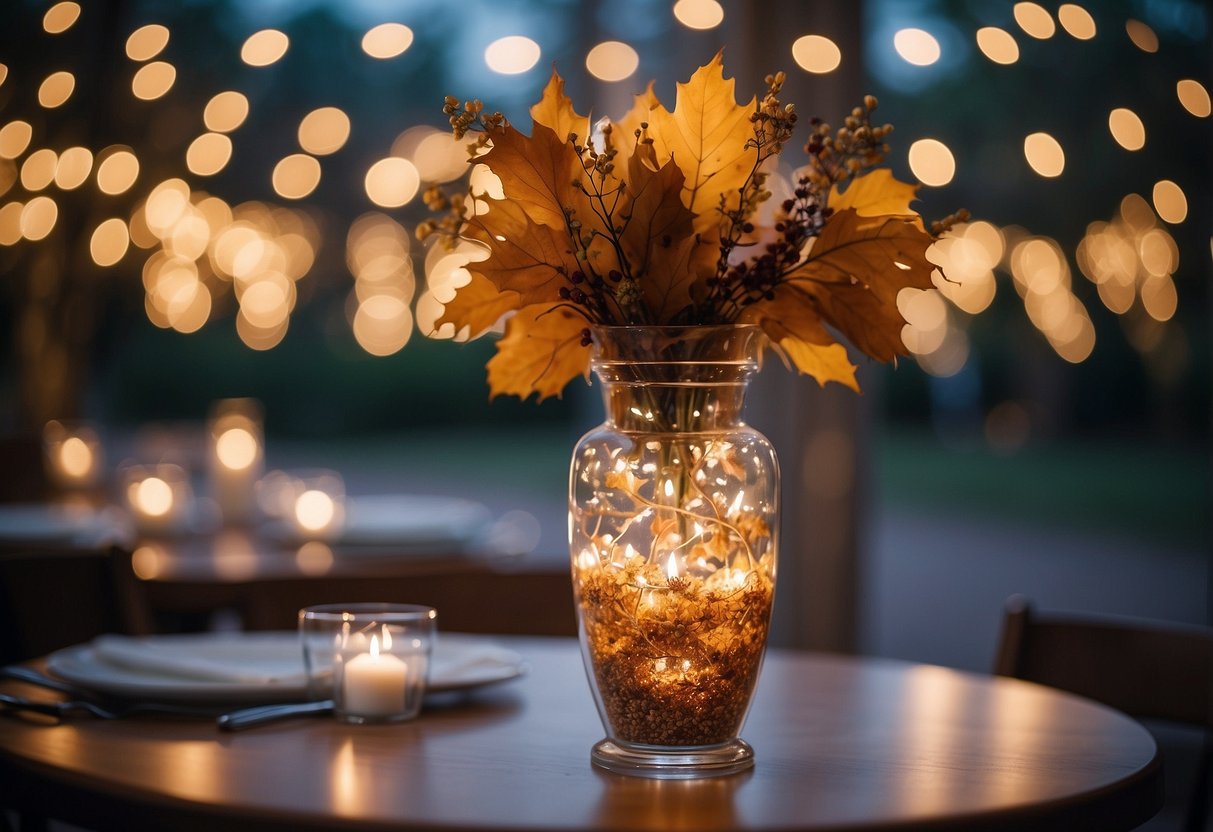 A hurricane vase filled with autumn leaves and fairy lights, serving as a wedding centerpiece