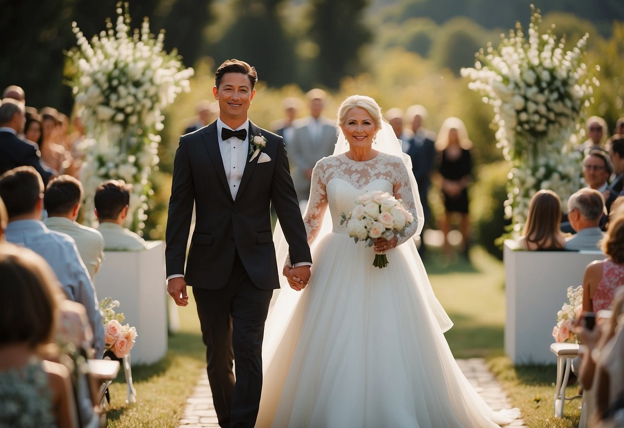 The groom walks down the aisle with his mother