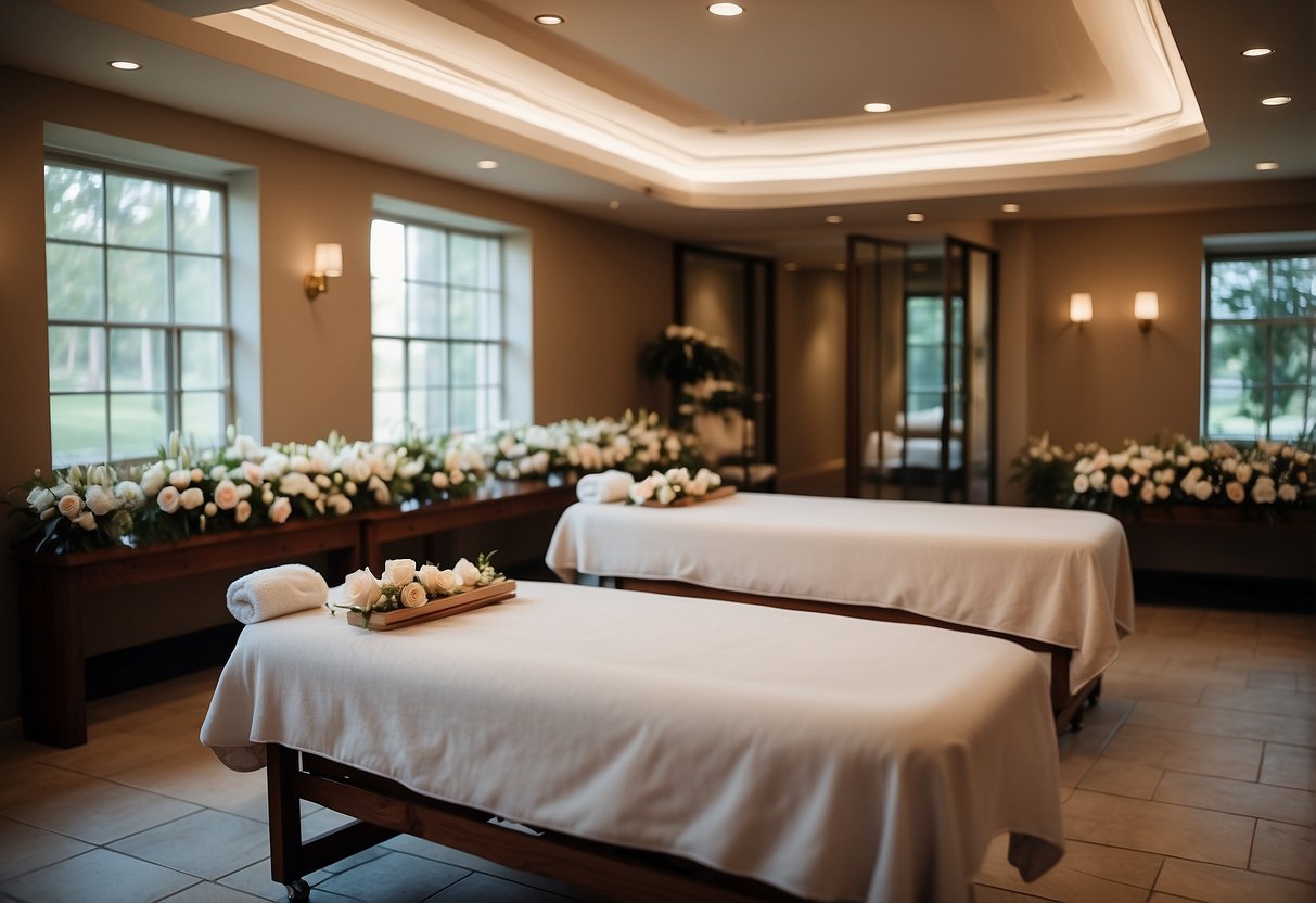 A serene spa room with two massage tables adorned with fresh flowers and soft lighting, creating a peaceful and romantic atmosphere for a couple's 55th wedding anniversary celebration