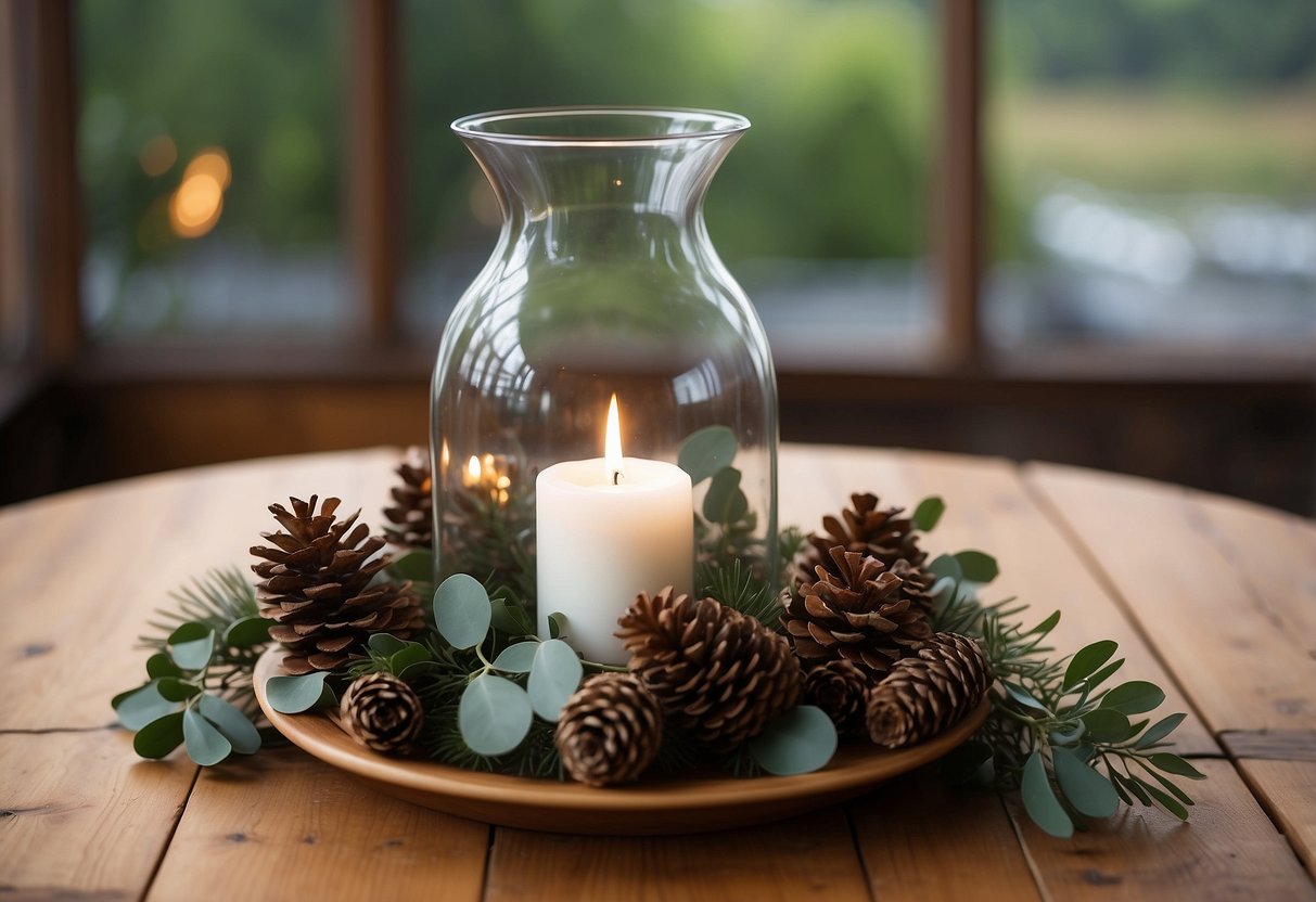 A hurricane vase filled with eucalyptus and pinecones sits on a wooden table, surrounded by rustic decor. Perfect for a wedding centerpiece