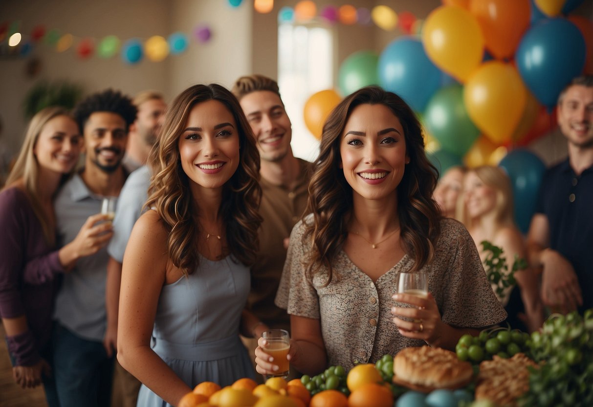 Friends gather in a decorated room, holding presents and smiling. A large "55" balloon hangs in the background. Tables are filled with food and drinks