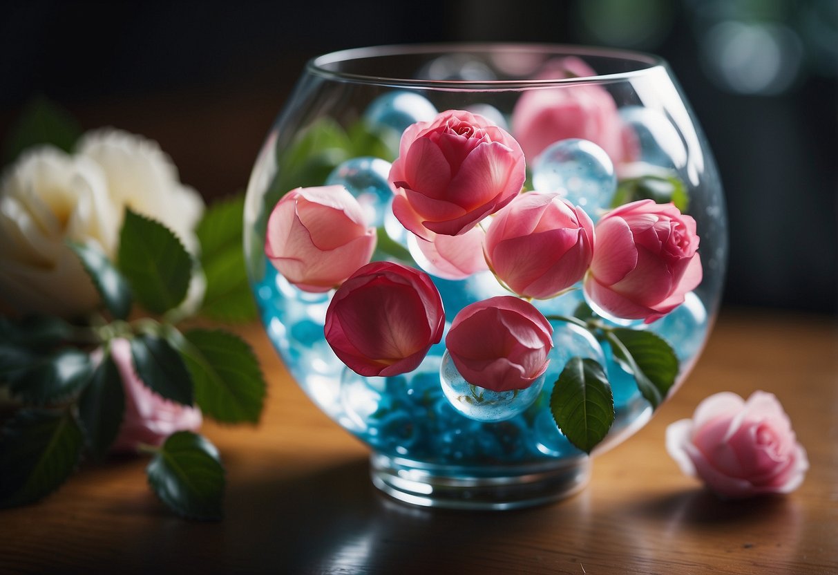 Marbles and rose petals float in a hurricane vase centerpiece