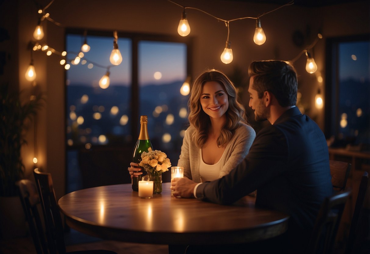 A couple sits at a candlelit table, surrounded by photos from their first date. A bouquet of flowers and a bottle of champagne are on the table