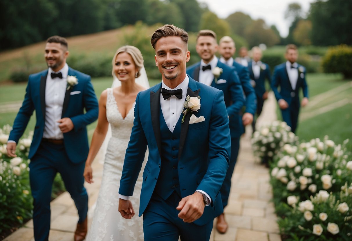 Groom and groomsmen walk down aisle with mother