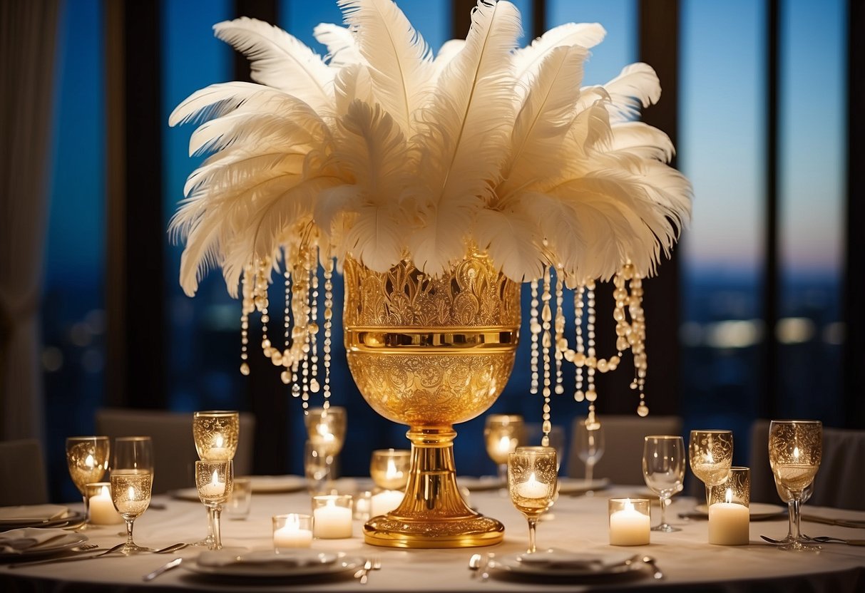 A hurricane vase filled with gold-dipped feathers and pearls arranged in a cascading pattern, creating an elegant and luxurious wedding centerpiece idea