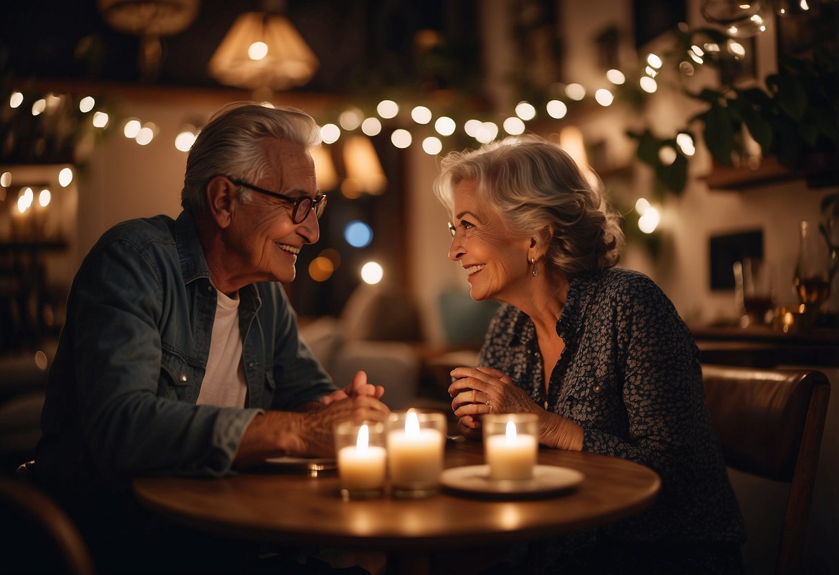 A couple sits at a candlelit table, surrounded by photos from their 55 years together. A musician plays their custom song, while guests enjoy a playlist of their favorite tunes