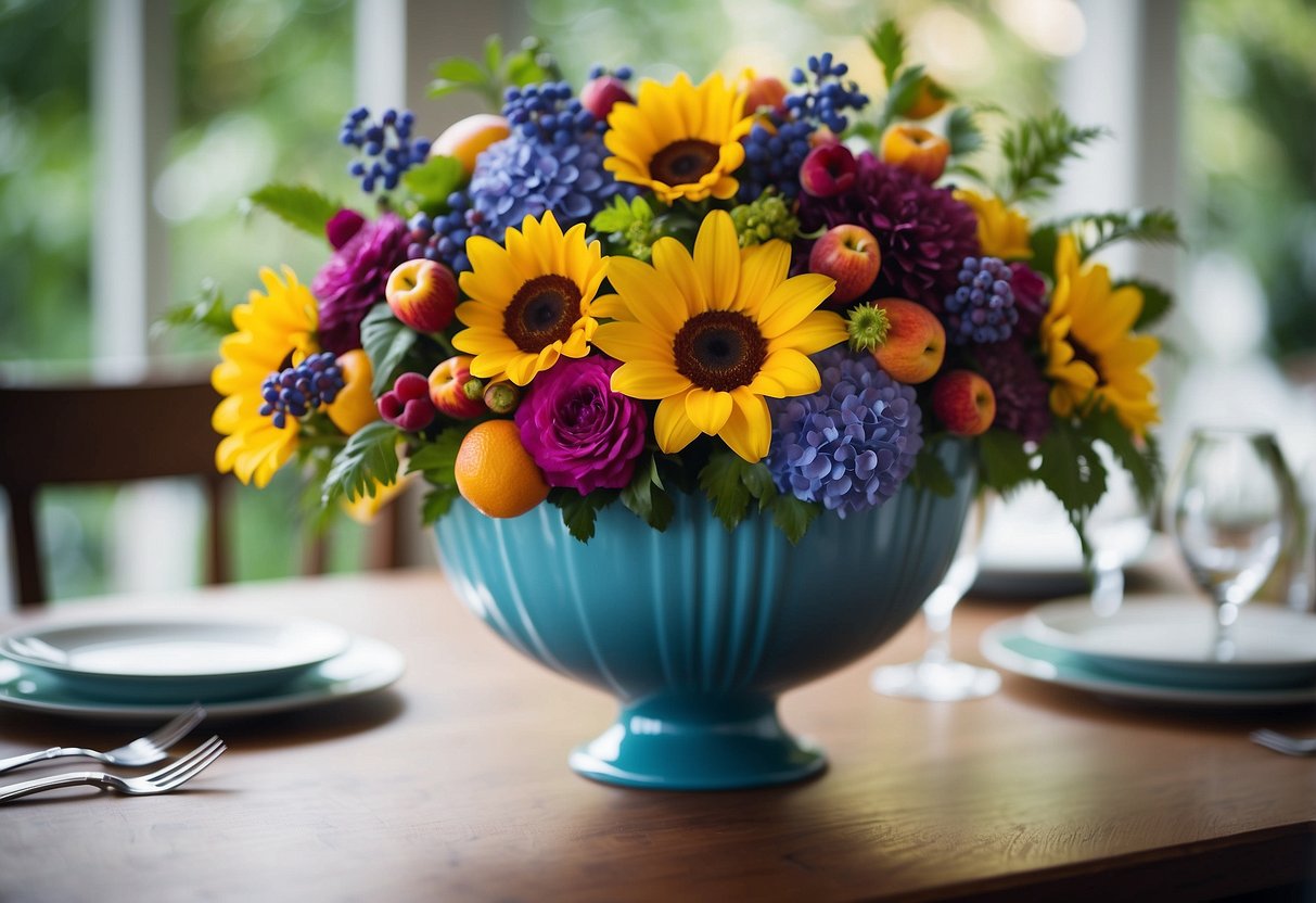 A hurricane vase filled with a bountiful harvest of colorful fruits and vibrant flowers, creating a stunning wedding centerpiece display