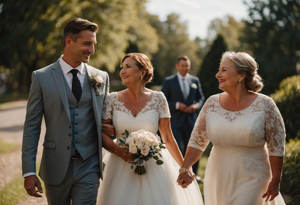 A groom walks arm-in-arm with his mother, while the bride's parents stand nearby