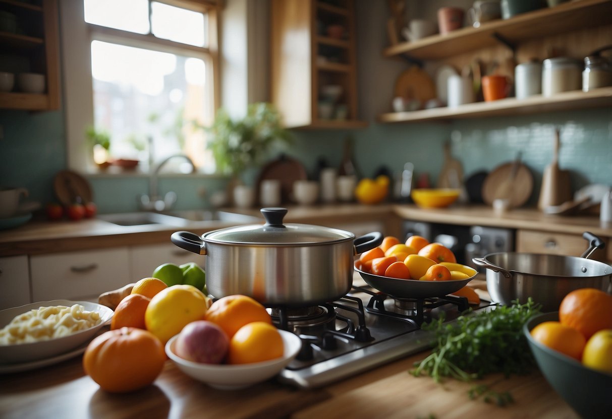 A couple stirring pots and pans in a cozy kitchen, surrounded by colorful ingredients and cooking utensils. A celebratory cake sits on the counter