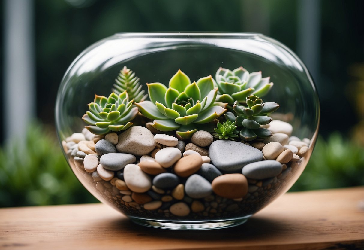 Succulents and stones float in a hurricane vase, creating a serene wedding centerpiece