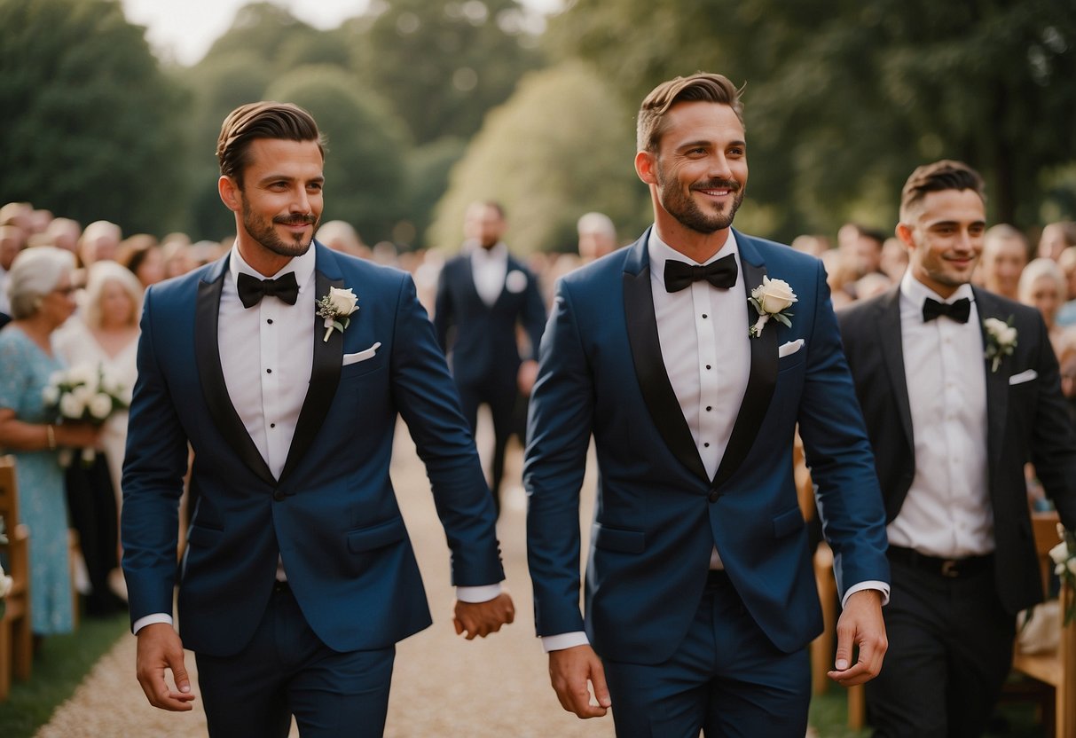 A groom and his best man walk down the aisle with the groom's mother