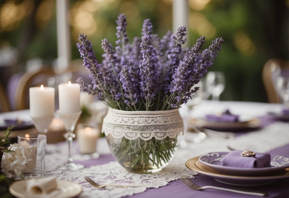 A hurricane vase filled with lavender and lace creates a romantic wedding centerpiece