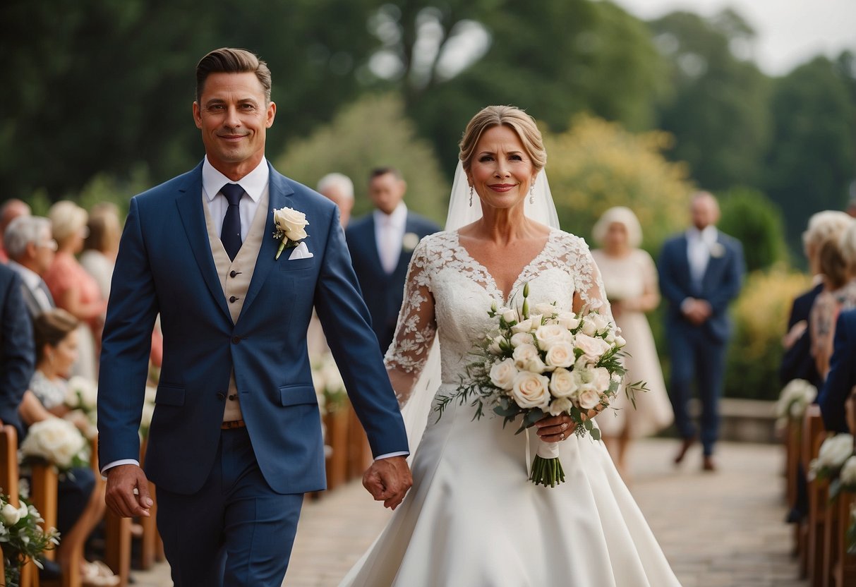 Groom and mother walk down aisle