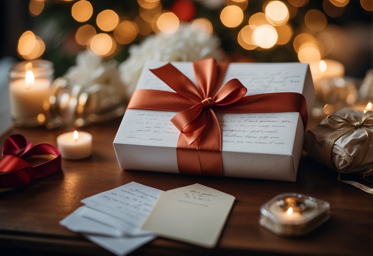 A stack of handwritten love letters tied with a ribbon, surrounded by 55th wedding anniversary memorabilia and decorations