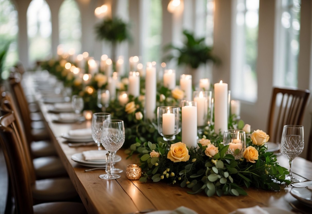 A table set with hurricane vases filled with flowers, candles, and greenery. The vases vary in height and are arranged in a cluster as a wedding centerpiece