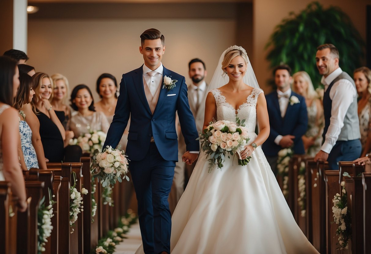 Groom walks down aisle with siblings, accompanied by mother