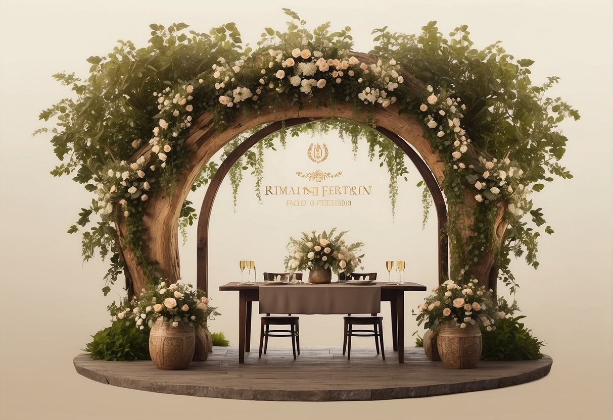 A serene garden setting with a decorative arch and blooming flowers, a table adorned with candles and champagne glasses, and a couple's initials carved into a tree trunk