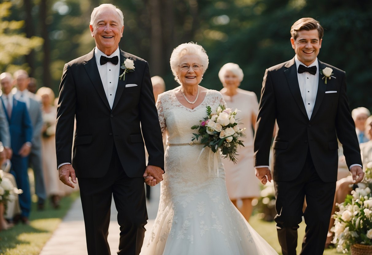 Groom walks down aisle with grandparents and mother