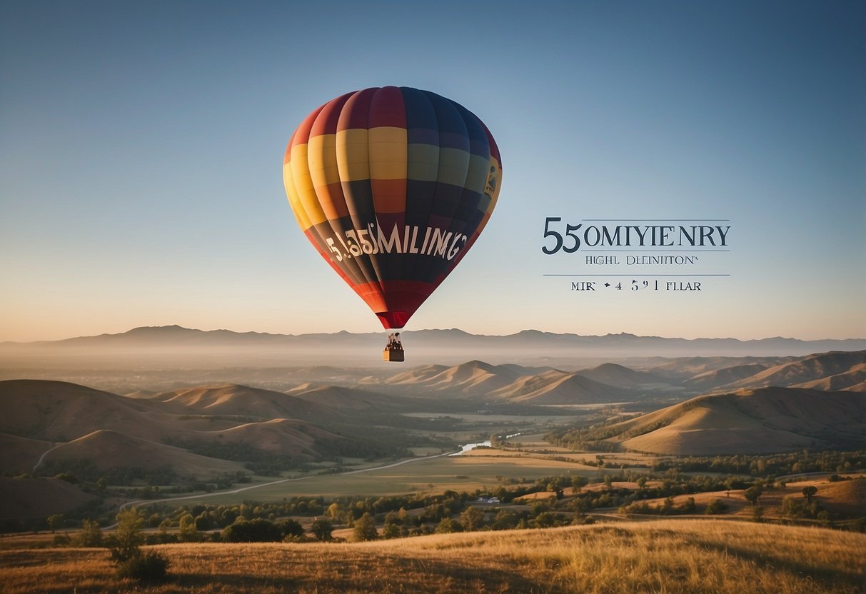 A colorful hot air balloon floats above a serene landscape, with a banner reading "55th Anniversary" trailing behind