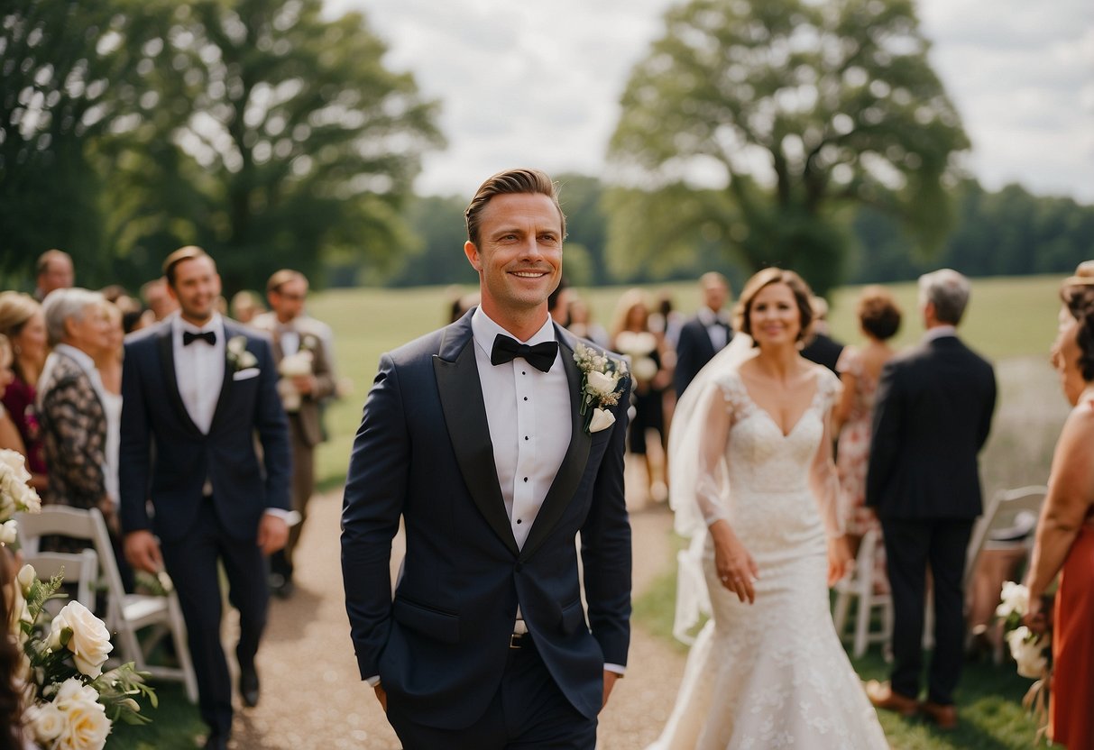 Groom and close friend walk down aisle with mother