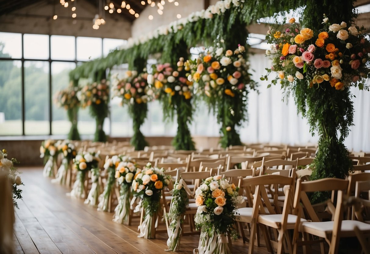 A colorful array of flowers and greenery intertwined with ribbons, hanging delicately above a wedding aisle, creating a romantic and festive atmosphere