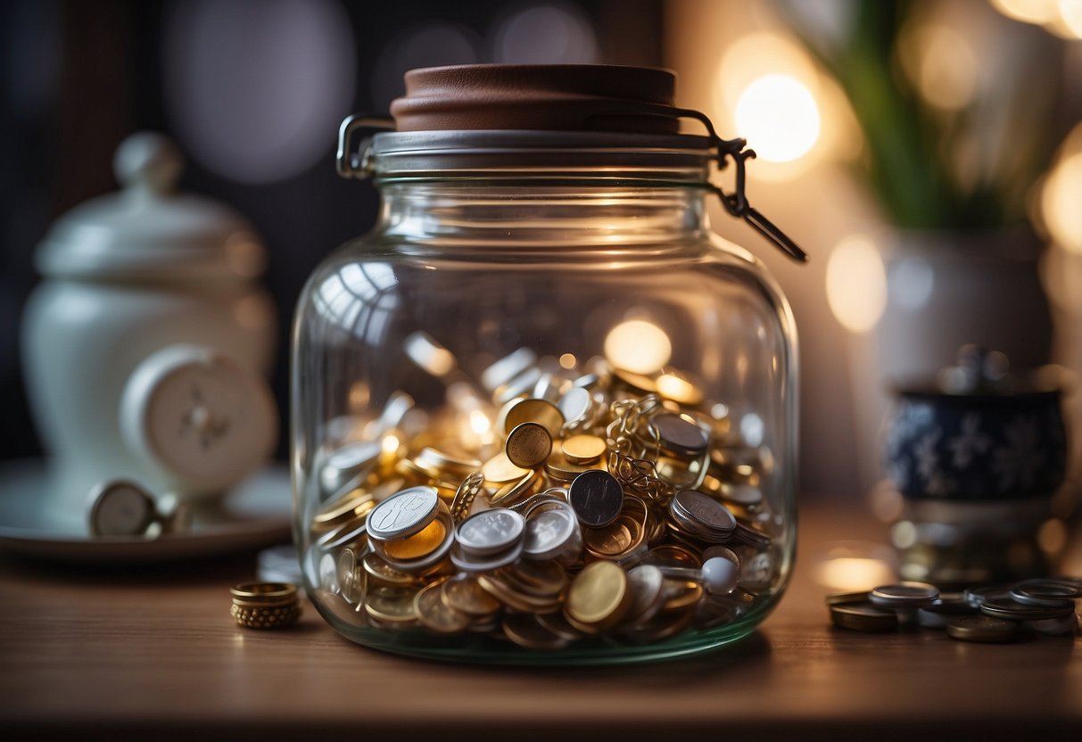 A glass jar filled with small trinkets and notes, symbolizing shared memories, sits on a table surrounded by photos and mementos