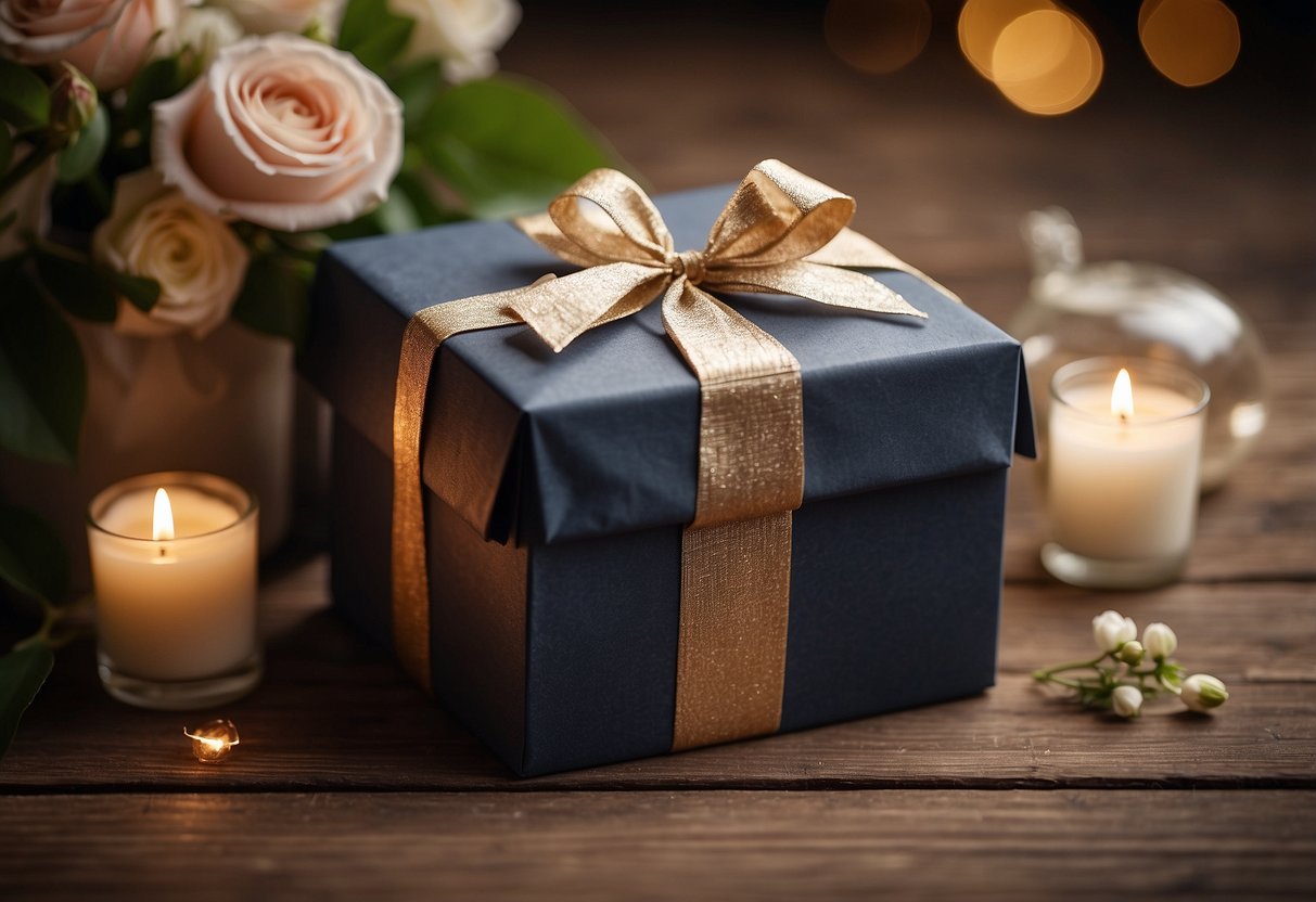 A beautifully wrapped gift box sits on a rustic wooden table, adorned with elegant 55th anniversary decorations and surrounded by delicate floral arrangements