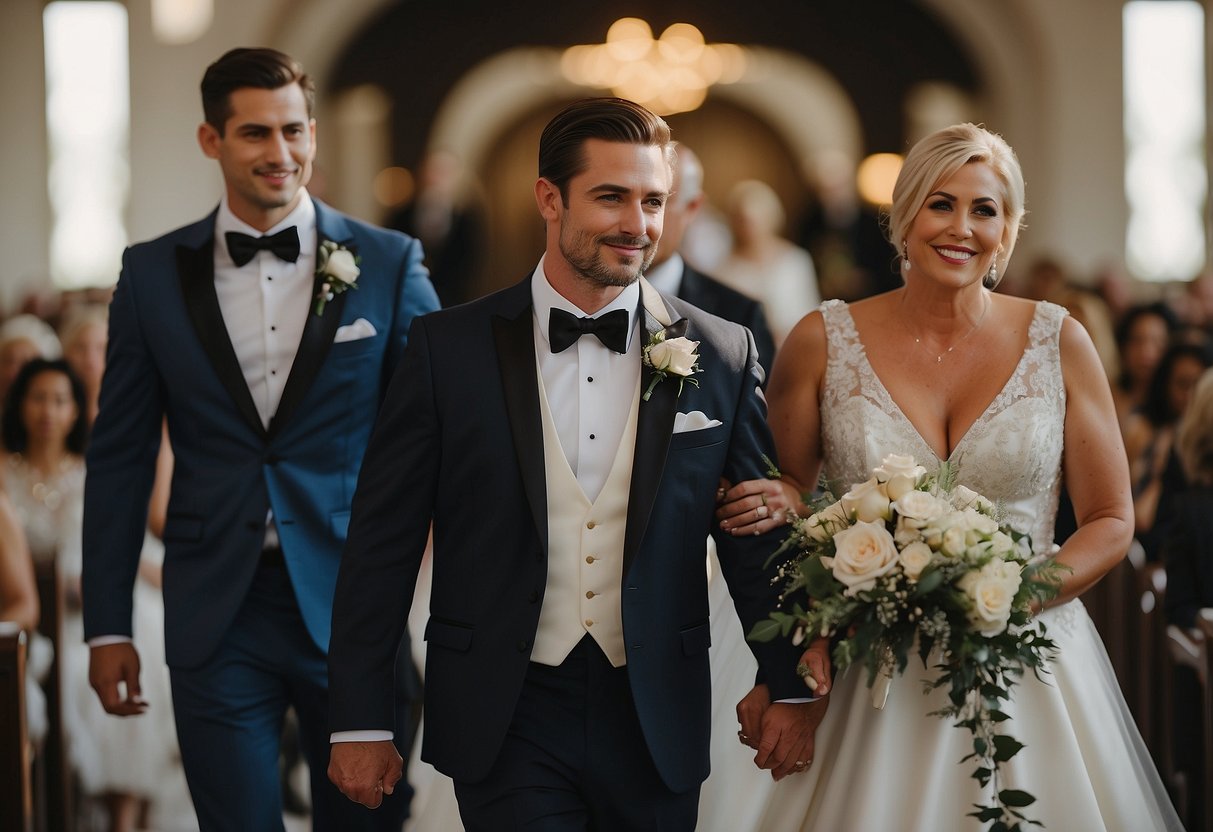 Groom walks down aisle with godparents and mother