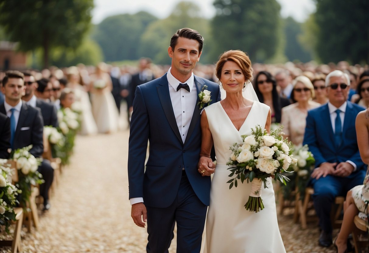 The groom and his mother walk down the aisle together in a traditional wedding ceremony